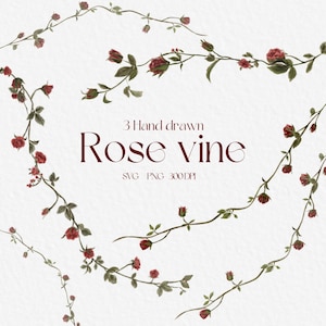 May include: Three hand-drawn rose vines with red roses and green leaves. The vines are arranged in a decorative pattern on a white background. The text "3 Hand drawn Rose vine SVG PNG 300DPI" is written in the center of the image.
