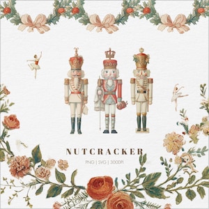 Puede incluir: Ilustración en acuarela con tres cascanueces de juguete con uniformes militares, cada uno con una corona única. La imagen incluye bordes florales y de guirnaldas, y la palabra "NUTCRACKER" en el centro. PNG | SVG | 300DPI.