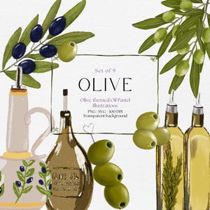 Set van 9 oliepastelillustraties met olijfthema, olijf clipart, PNG, SVG, 300 DPI, transparante achtergrond, commercieel gebruik, digitale download