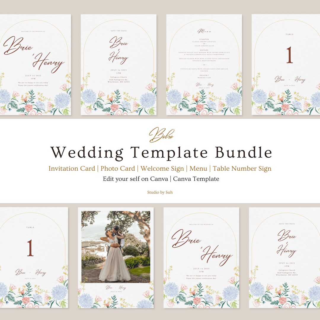 Boho Wedding Template Bundle for Canva Wedding Invitation Wedding ...