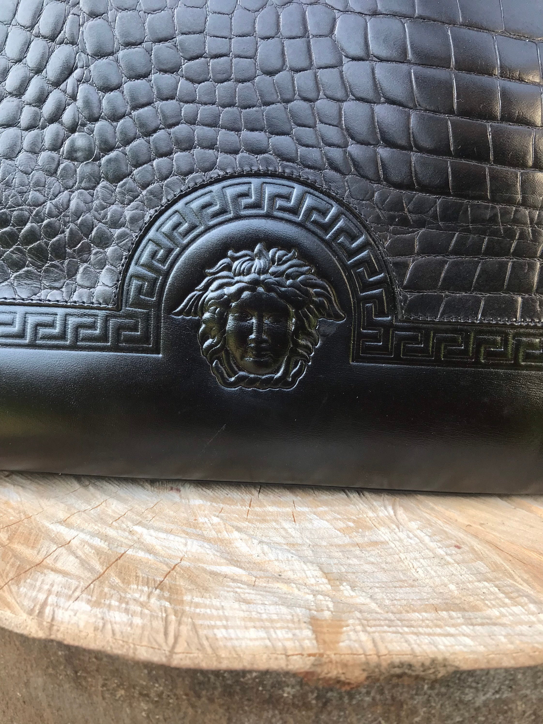 Vintage Gianni Versace Bag Black Natural Leather Embossed 