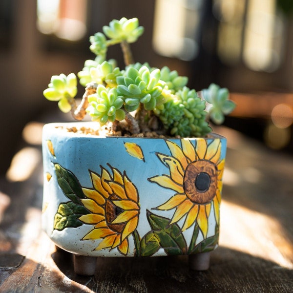 Sunflower Clay Succulent Planters with Drainage Hole - Handcrafted Decorative Pot, Succulent Planter, Flower Pots, Terracotta Planter