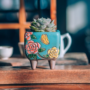 Floral Clay Succulent Planter with Drainage: Hand-Painted Terracotta Pot