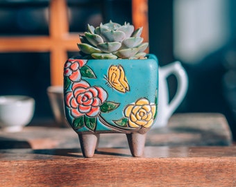 Bloempot van klei met drainagegaten voor vetplanten: handbeschilderde terracotta pot