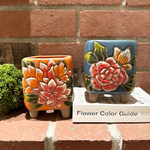 Puede incluir: Dos macetas de cerámica, una naranja y otra azul, cada una con un diseño floral y patas pequeñas. La maceta naranja presenta una mariposa. La maceta azul tiene un diseño de rosa roja. Las macetas están sobre una superficie de ladrillo.