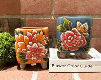 Vetplantenbak van bloemenklei met afvoergat: handgeschilderde terracotta pot