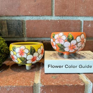 Puede incluir: Dos pequeñas macetas de cerámica con flores blancas y hojas verdes pintadas en ellas. Las macetas son amarillas y naranjas y tienen tres pequeños pies. Las macetas están sobre una superficie de ladrillo con un libro titulado "Guía de colores de flores" delante de ellas.