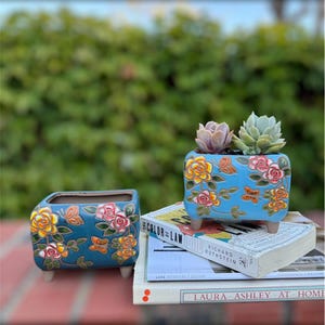 Floral Clay Succulent Planter: Hand-Painted Decorative Pot with Drainage
