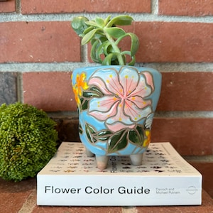 Puede incluir: Un macetero de cerámica azul con un diseño floral con flores rosas, amarillas y verdes. El macetero tiene tres patas y está sentado sobre un libro titulado "Flower Color Guide".