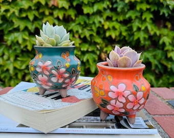 Vetplantenbak van bloemenklei: handgeschilderde terracottapot met afvoer
