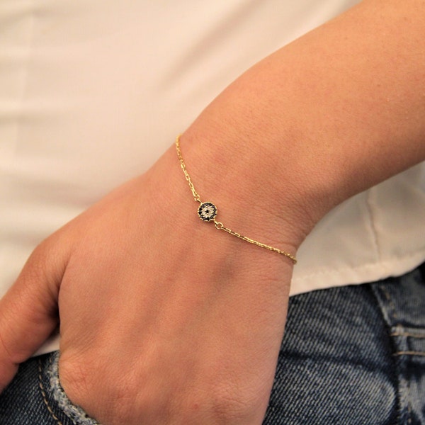 Tiny Evil Eye Bracelet - Coin Round Charm Bracelet - Dainty Bracelet - 925K Silver Cubic Zirconia Charm Bracelet - Protection Bracelet