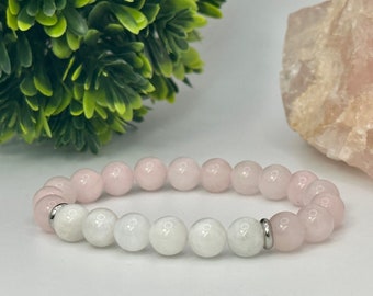 AAA Moonstone with Rose Quartz, 8mm Natural Gemstone Beads, Mala Bracelet, White and Pink, Heart Chakra