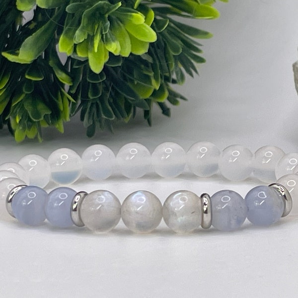 AAA-Moonstone, Blue Lace Agate and White Agate, 8mm Stretch Bracelet, Meditation Crystals, Mala Bracelet, Yoga Jewelry