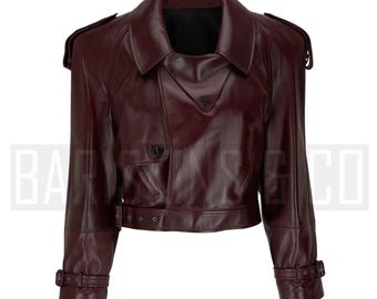 Burgundy Leather Jacket for Women Cropped Double-Breasted Moto Style Belted Coat
