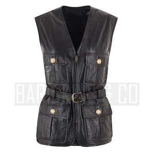Womens Leather Vest - Black Belted Utility Waistcoat, Vintage Safari Biker Style