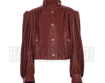 Cropped Leather Jacket Womens Burgundy Moto Style Puff Sleeve Real Lambskin Chic