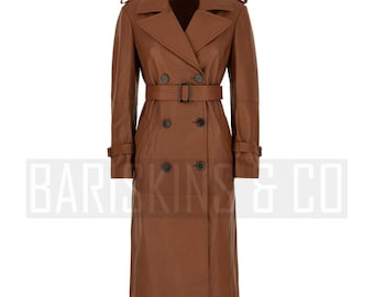 May include: A full-length, double-breasted brown leather trench coat with a belt, epaulets, and button details. The coat has a classic trench coat design with a notched collar and long sleeves. The brand name "BARKINS & CO" is printed at the bottom.