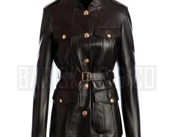 Chaqueta militar de cuero negro para mujer - Cinturón, detalles de botones dorados - Regalo militar