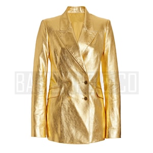 Blazer en cuir femme doré métallisé veste croisée manteau sur mesure chic