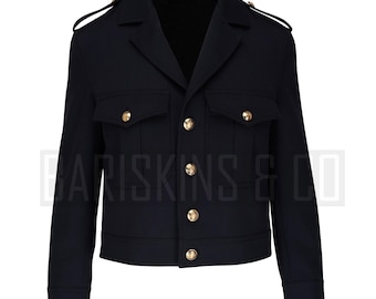 Men's Black Military Blazer: Gold Button Officer Style Jacket