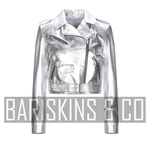 Cropped Leather Jacket Womens Silver Metallic Biker Moto Style - Main Image