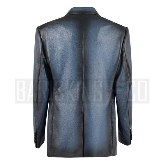 Herren Leder Blazer Jacke, Blau Zweireiher formaler Mantel Echte