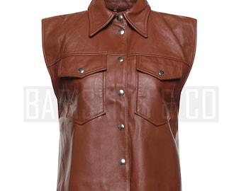 Leather Vest for Women Brown Western Style Real Lambskin Snap Button Top
