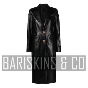 Black Leather Coat for Women Longline Double Breasted Blazer Style Trench Jacket Womens Clothing