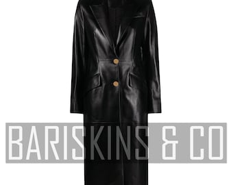Black Lambskin Leather Trench Coat: Longline Double Breasted Blazer