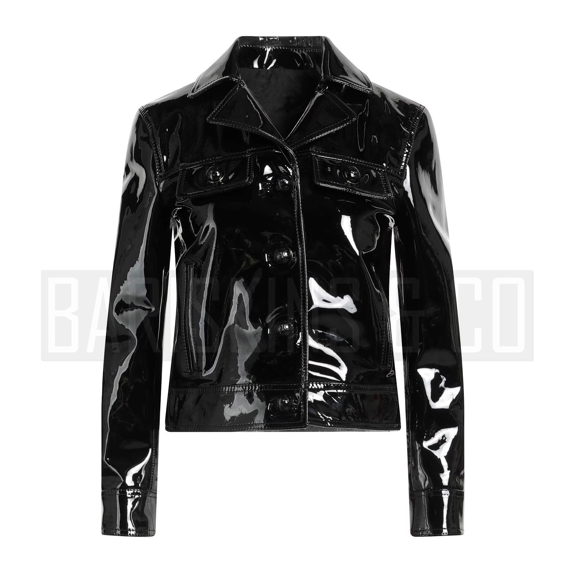 Glossy Black Vinyl Biker Jacket, Patent Faux Leather Coat