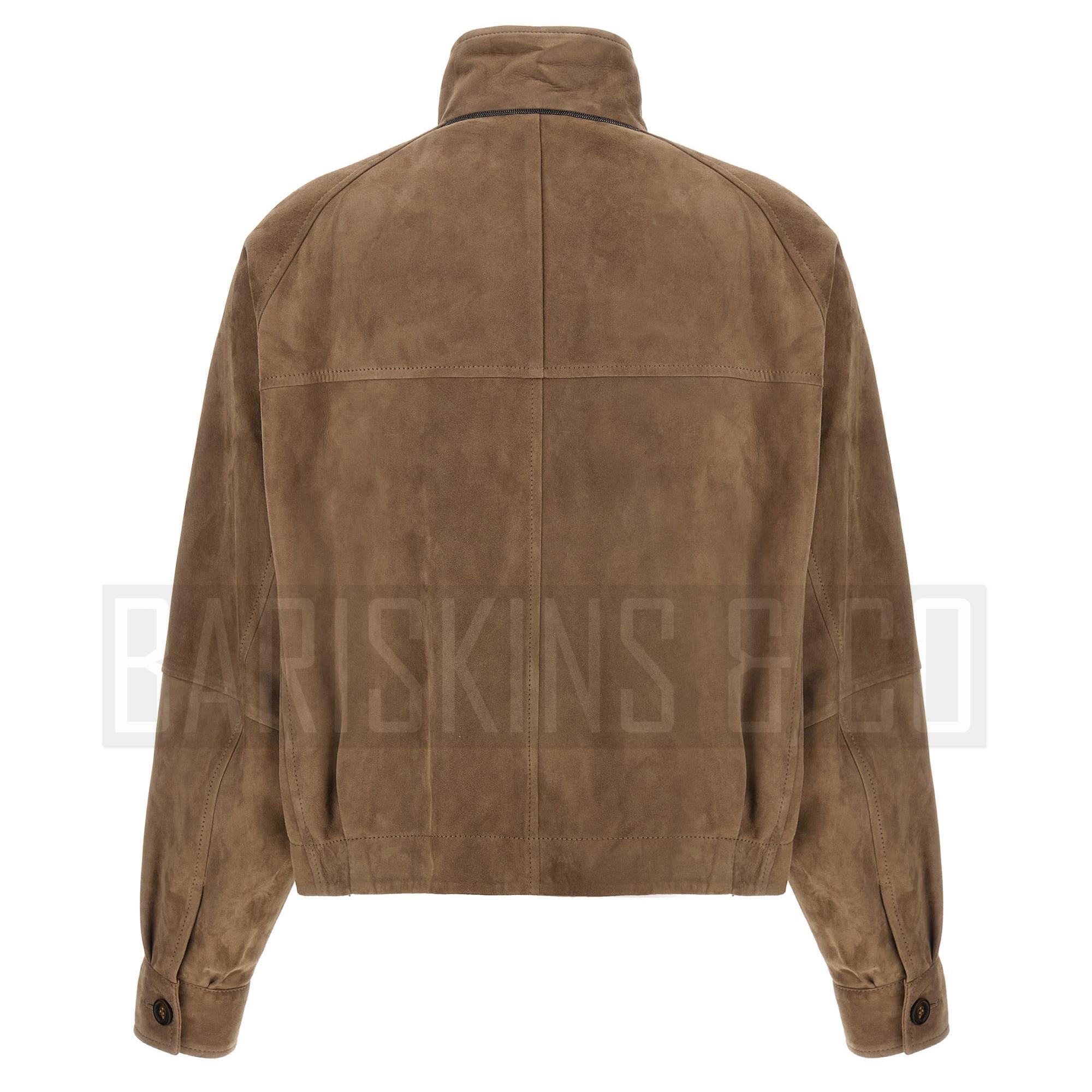 Brown Suede Jacket Womens, High Neck Soft Real Suede Bomber