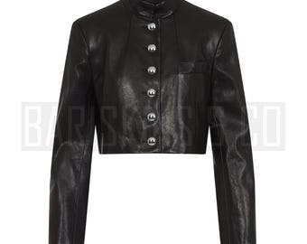 Women Cropped Leather Jacket – 90s Vintage Black Short Jacket