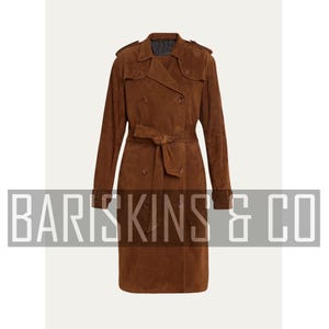 Suede Trench Coat Womens - Brown Long Belted Double Breasted Real Leather