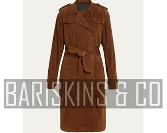 Suede Trench Coat Womens - Brown Long Belted Double Breasted Real Leather Gift For Her
