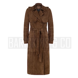 Trench Coat Women Brown Suede Long Belted Double Breasted Classic Fall Jacket