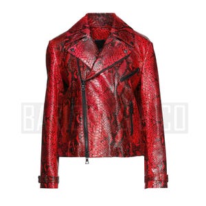 Womens Leather Motorcycle Jacket Red Snakeskin Biker Cropped Moto Style Coat