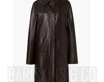 Womens Leather Trench in Brown – Real Lambskin Overcoat, Longline Minimalist Outerwear, Classic Button-Up Design