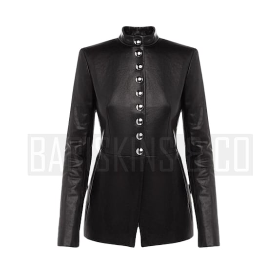 Black Lambskin Leather Military Jacket - Slim Fit Women