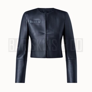 Veste courte en cuir pour femme en cuir d'agneau véritable noir coupe slim élégant manteau minimaliste