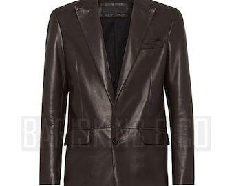 Men's Dark Brown Leather Blazer - Slim Fit, Single Button Jacket