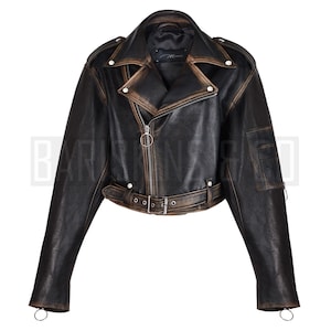 Womens Leather Motorcycle Jacket Black Cropped Biker Belted Distressed Moto For Biker