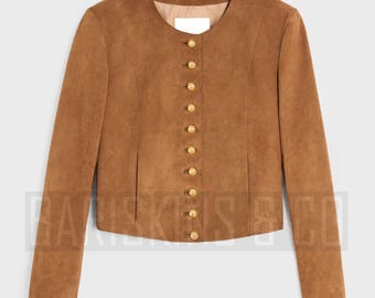 Brown Suede Jacket Womens, Gold Button Blazer Style Vintage Slim Fit Outerwear