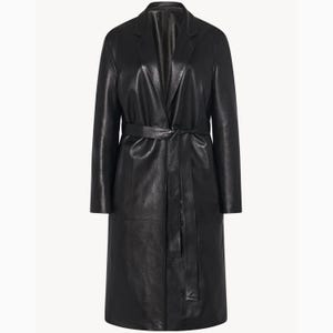 May include: A black knee-length coat with a smooth, polished finish. This long-sleeved garment features a notched lapel collar, a straight hemline, and a matching black tie belt that cinches at the waist to create a structured, tailored silhouette.