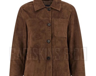 Braune Wildlederjacke Damen, Echtleder Hemdjacke, Boxy Fit, Minimal Shacket