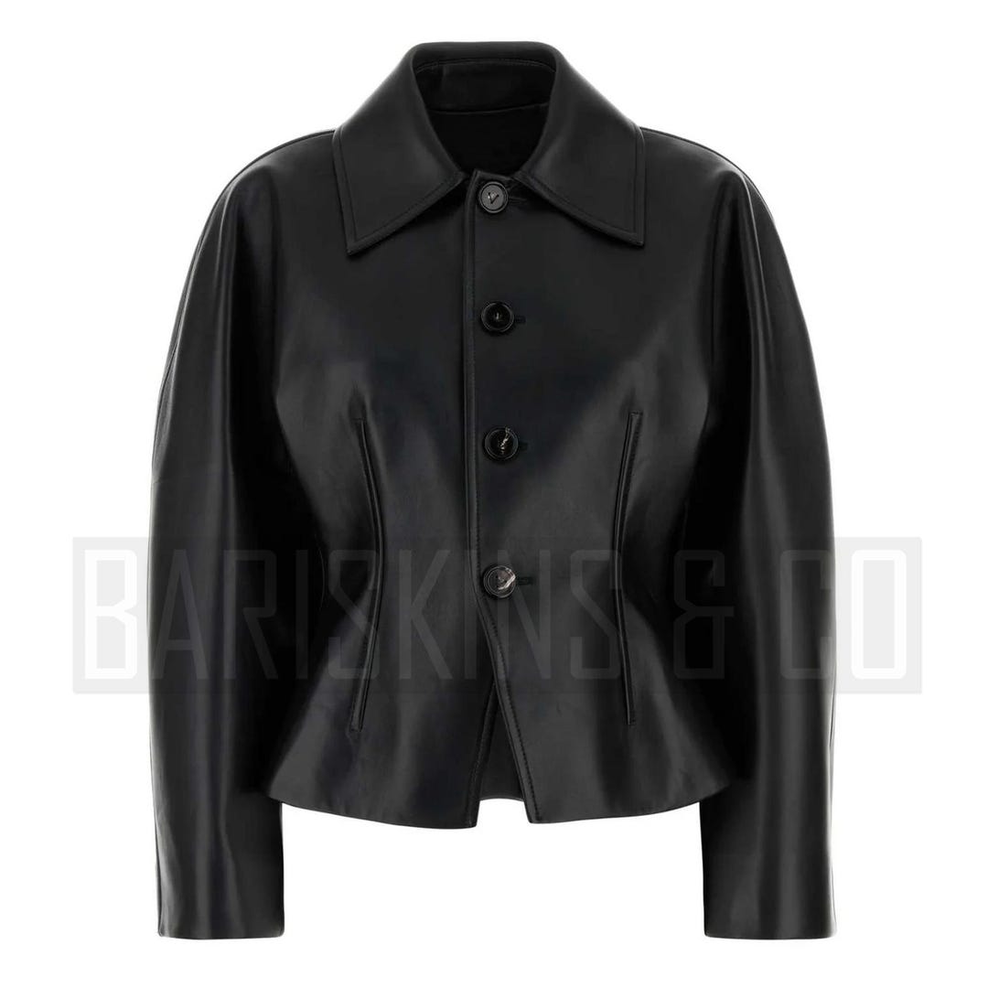 Cropped Lambskin Leather Jacket, Women's Black Button-down Coat - Etsy