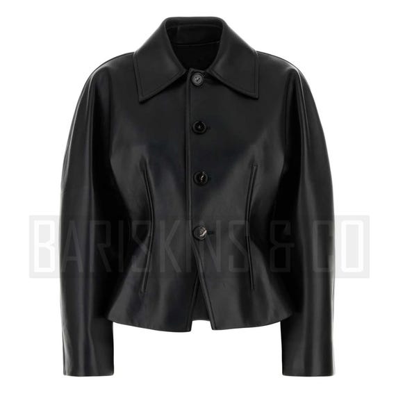 Cropped Lambskin Leather Jacket, Women's Black Button-down Coat - Etsy