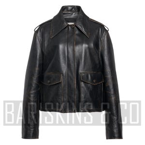 Lederjacke Frauen Beschnitten Schwarz Echt Lammfell Button Up Vintage Aviator
