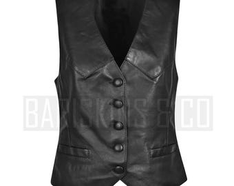 Womens Black Leather Vest Vintage Style Button-Up Waistcoat Sleeveless Jacket