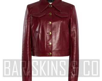 Cropped Leather Jacket Womens Burgundy Real Lambskin Short Coat Gold Button Chic