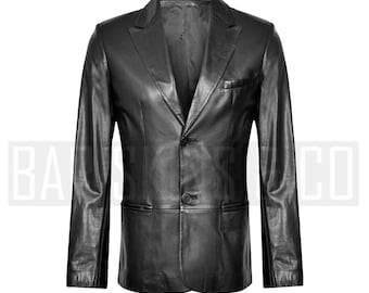 Mens Leather Blazer - Black Real Lambskin Jacket, Tailored Formal Slim Fit